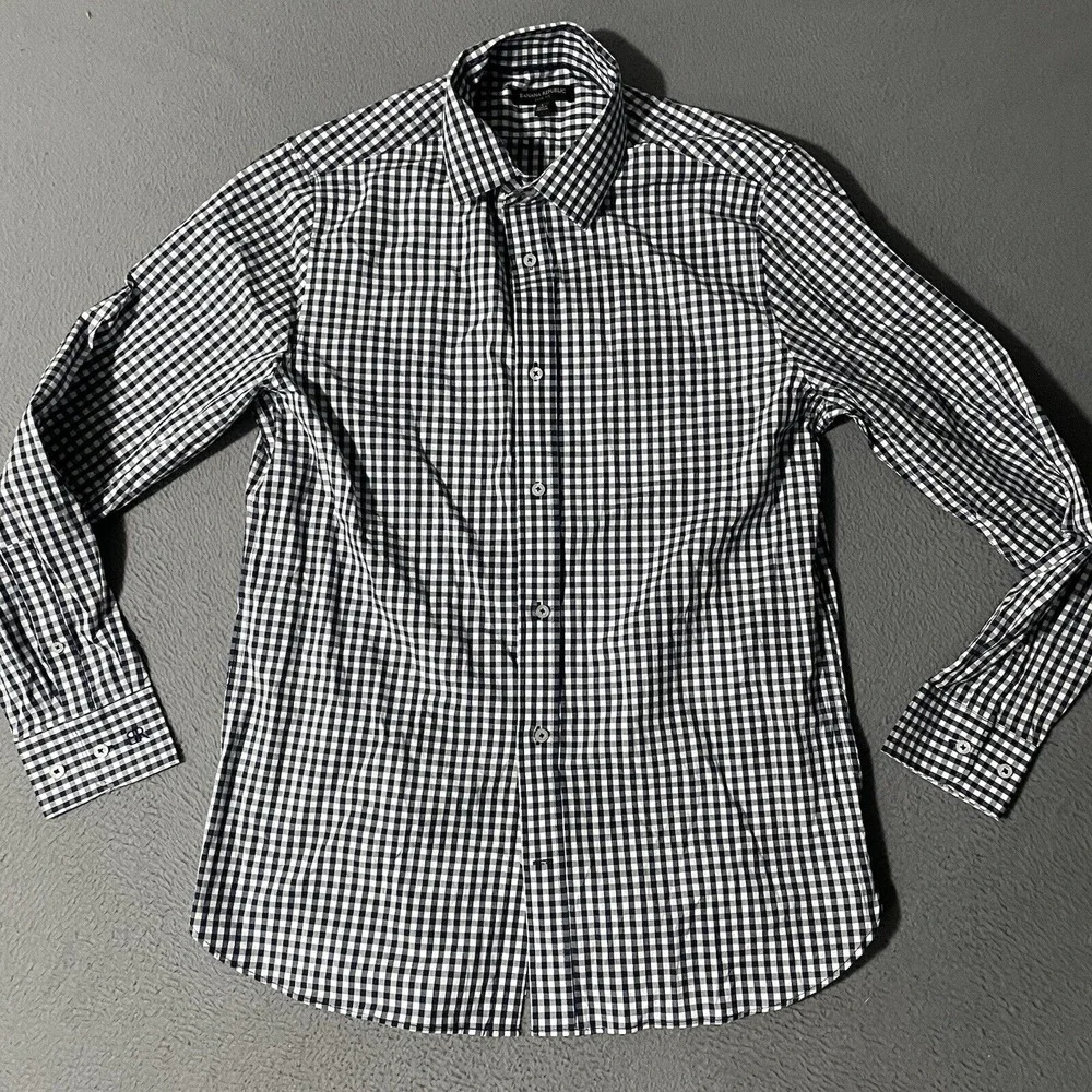 Banana Republic Shirt‎ Adult Large Black White Check Slim Fit Button Up Mens
